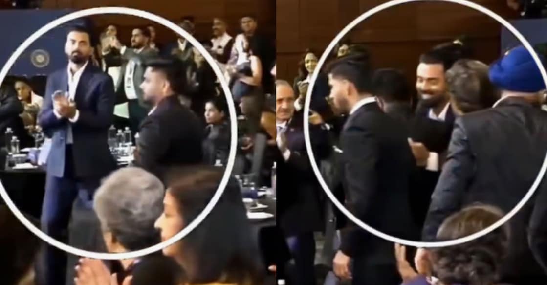  ബിസിസിഐയുടെ വാർഷിക പുരസ്കാര സമർപ്പണ ചടങ്ങിനിടെ , വേദിയിലേക്ക് നടന്നുനീങ്ങിയ സഞ്ജു, കെ.എൽ.രാഹുലിനെ തിരിച്ചുവന്ന് കെട്ടിപ്പിടിക്കുന്നു (X/@KLfied_)