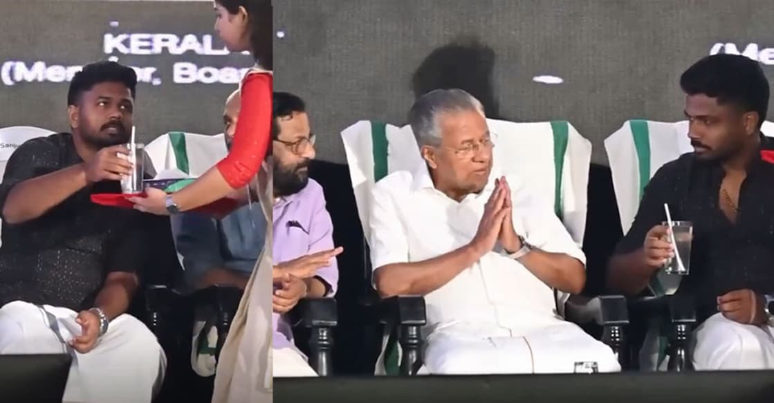 സഞ്ജുവിന് കുടിക്കാൻ ശീതളപാനീയം നൽകിയപ്പോൾ, മുഖ്യമന്തിക്കു കൂടി കൊടുക്കാൻ ആവശ്യപ്പെടുന്ന സഞ്ജു സാംസൺ (ഇടത്), സഞ്ജു ഗ്ലാസ് നീട്ടിയപ്പോൾ‌ കൈകൂപ്പി നിരസിക്കുന്ന മുഖ്യമന്ത്രി പിണറായി വിജയൻ (വലത്) Instagram/cinehoods/