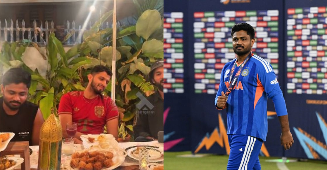 സുഹൃത്തുക്കൾ‍ക്കൊപ്പം ഭക്ഷണം കഴിക്കുന്ന സഞ്ജു സാംസൺ, സഞ്ജു ലോകകപ്പ് വിജയികള്‍ക്കുള്ള മെഡലുമായി.