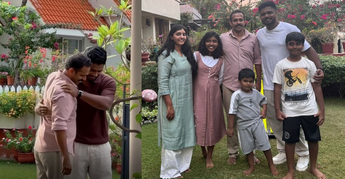 വീട്ടിലെത്തിയതിനു പിന്നാലെ നിതിനെ കെട്ടിപ്പിടിക്കുന്ന സഞ്ജു സാംസൺ (ഇടത്), നിതിനും കുടുംബവും സഞ്ജുവിനൊപ്പം (വലത്). (Photos Arranged)