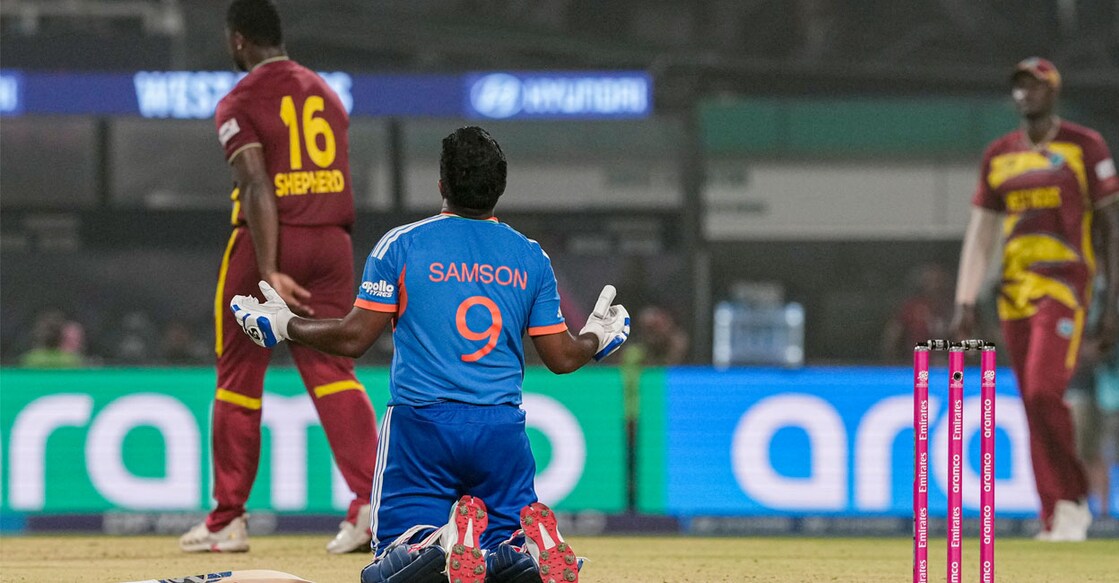 ട്വന്റി20 ലോകകപ്പിൽ വെസ്റ്റിൻഡീസിനെതിരെ മത്സരത്തിൽ ഇന്ത്യയെ വിജയിപ്പിച്ച ശേഷം സഞ്ജു സാംസൺ.  (PTI Photo/Manvender Vashist Lav) 