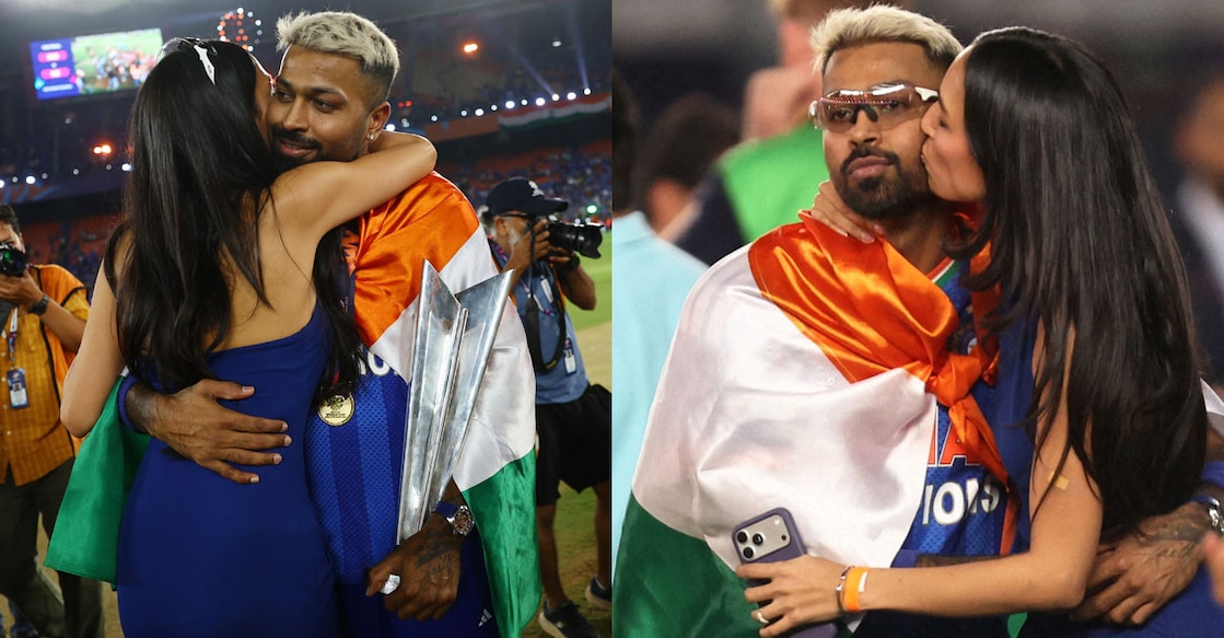 ട്വന്റി20 ലോകകപ്പ് വിജയത്തിനു പിന്നാലെ ഇന്ത്യൻ താരം ഹാർദിക് പാണ്ഡ്യയെ ആലിംഗനം ചെയ്യുകയും ചുംബിക്കുകയും ചെയ്യുന്ന പങ്കാളി മഹിക ശർമ. REUTERS/Anushree Fadnavis,  REUTERS/Amit Dave