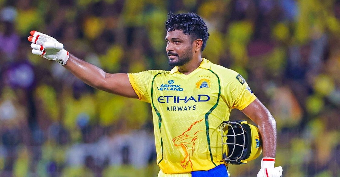 ഡൽഹി ക്യാപിറ്റൽസിനെതിരായ ഐപിഎൽ മത്സരത്തിൽ സെഞ്ചറി നേടിയ ചെന്നൈ സൂപ്പർ കിങ്സ് താരം സഞ്ജു സാംസന്റെ ‘പടയപ്പ’ സ്റ്റൈൻ സെലിബ്രേഷൻ. (X/@ChennaiIPL)