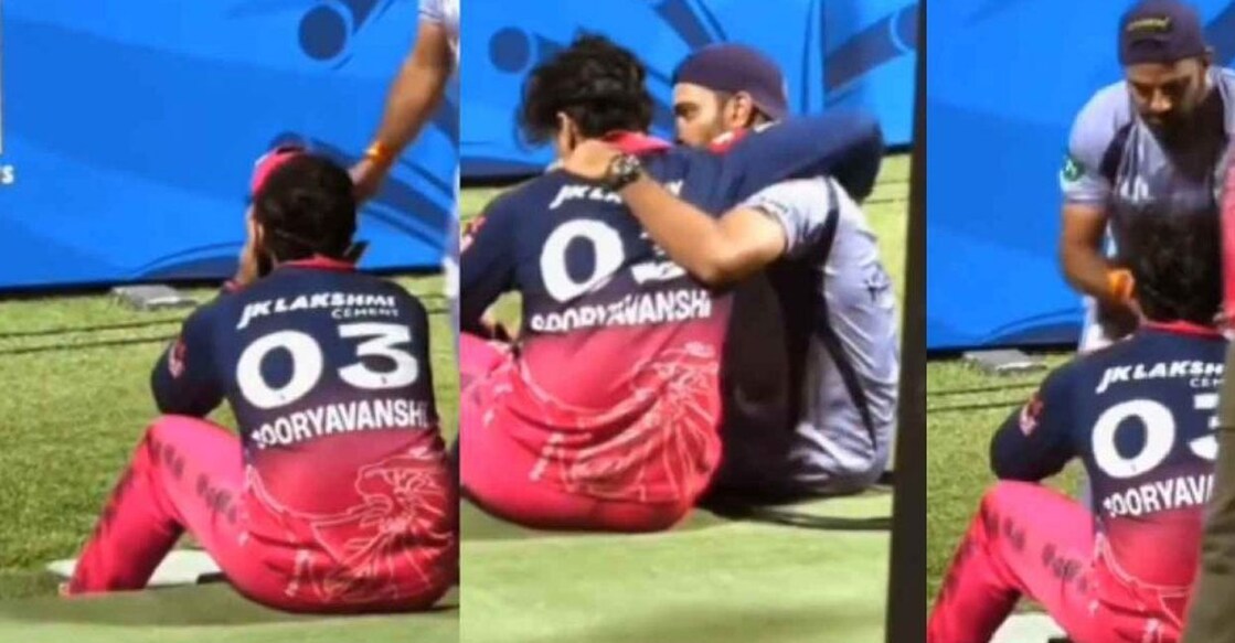 കൊൽക്കത്തയ്‌ക്കെതിരായ മത്സരത്തിൽ തോറ്റതിനു പിന്നാലെ പൊട്ടിക്കരയുന്ന രാജസ്ഥാൻ താരം വൈഭവ് സൂര്യവംശി. കൊൽക്കത്ത സ്റ്റാഫ് അംഗം താരത്തെ ആശ്വസിപ്പിക്കുന്നുമുണ്ട്. X/@OldMonkOfCric