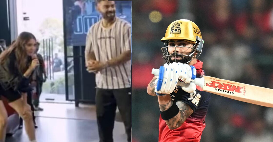 ചാറ്റ്‌ഷോയ്ക്കിടെ വിരാട് കോലിയെ സ്ലെഡ്ജ് ചെയ്യുന്ന അനുഷ്ക ശർമ (X/@mufaddal_vohra), ഗുജറാത്തിനെതിരായ മത്സരത്തിനിടെ വിരാട് കോലി (Photo by Noah SEELAM / AFP) 