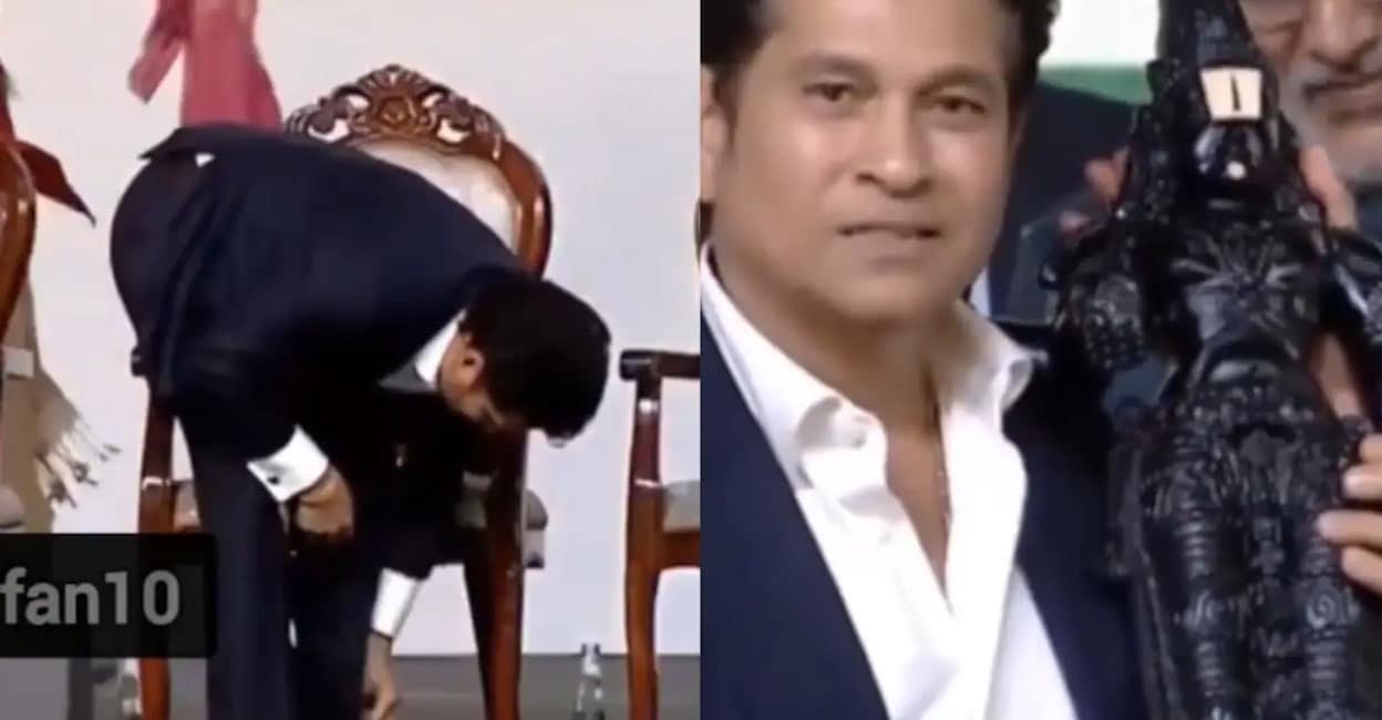 ഉപഹാരമായി മുഖ്യമന്ത്രി കൊടുത്തത് വിഗ്രഹം, വേദിയിൽ ഷൂസഴിച്ച് സച്ചിൻ; പുകഴ്ത്തി ആരാധകർ– വിഡിയോ വൈറൽ