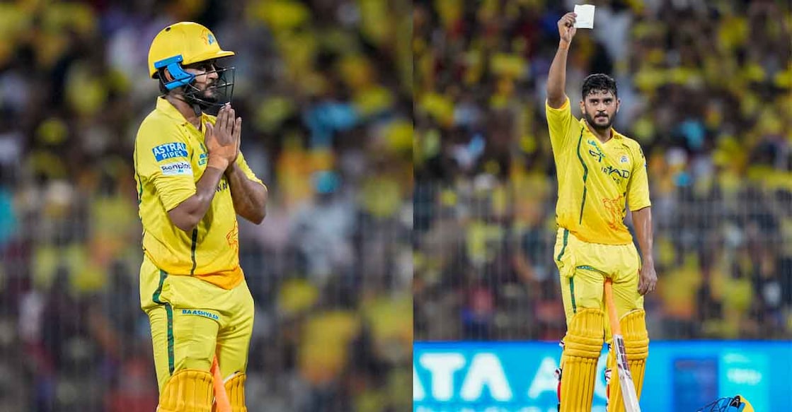 ലക്നൗ സൂപ്പർ ജയന്റ്സിനെതിരെ 13 പന്തിൽ അർധസെഞ്ചറി പൂർത്തിയാക്കിയശേഷം കൈകൂപ്പുകയും പിന്നീട് പേപ്പർ ഉയർത്തിക്കാണിക്കുകയും ചെയ്യുന്ന ചെന്നൈ താരം ഉർവിൽ പട്ടേൽ.  (PTI Photo/R Senthilkumar)