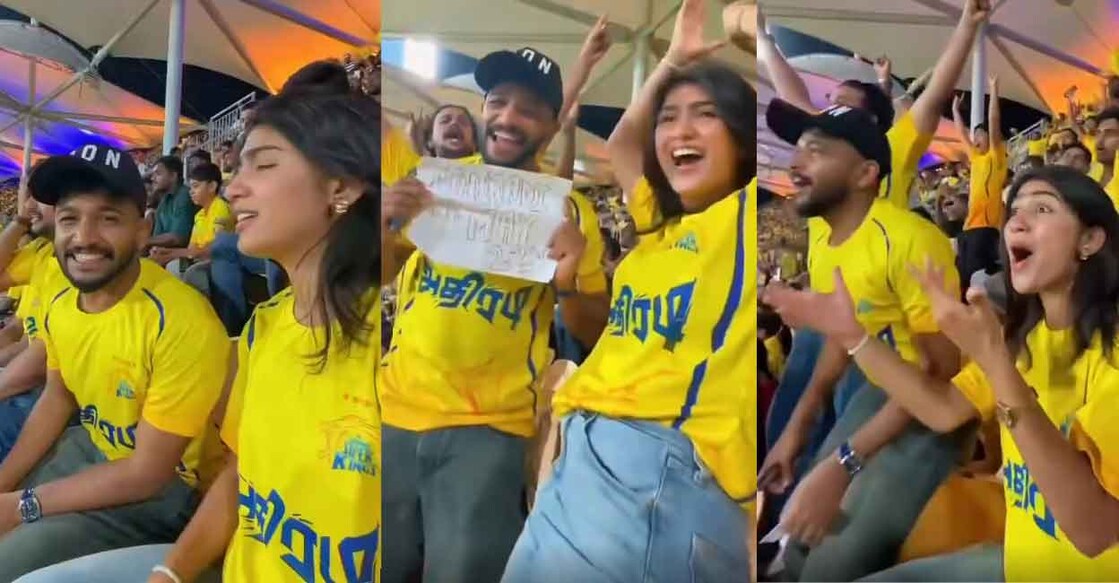 ചെന്നൈ സൂപ്പർ കിങ്സ്– സൺറൈസേഴ്‌സ് ഹൈദരാബാദ് മത്സരത്തിനിടെ സഞ്ജു സാംസന്റെ സിക്സർ പ്രവചിക്കുന്ന ബേസിൽ ജോസഫ്. നടി റിയ ഷിബു  സമീപം (X/@tamilcinema_12)
