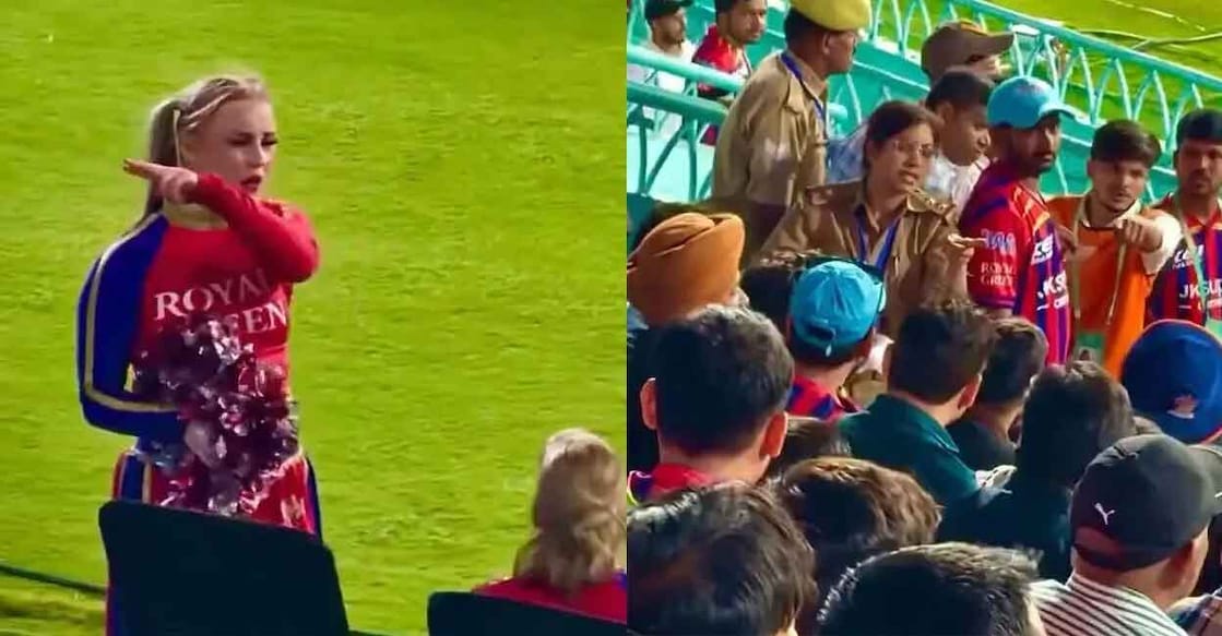 പഞ്ചാബ് കിങ്സ്– ലക്നൗ സൂപ്പർ ജയന്റ്സ് ഐപിഎൽ മത്സരത്തിനിടെ കാണികൾ മോശമായി പെരുമാറിയെന്ന പരാതി പറയുന്ന ചിയർ ലീഡർ (ഇടത്), വിഷയത്തിൽ ഇടപെടുന്ന വനിതാ പൊലീസ് ഉദ്യോഗസ്ഥ  (വലത്) X/@rushiii_12