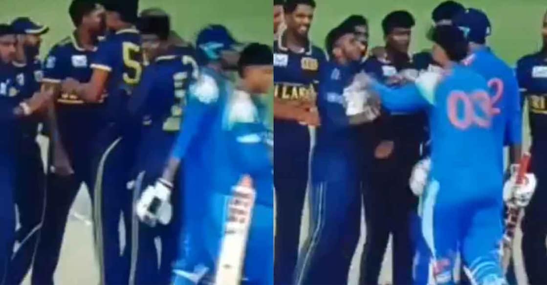 ഇന്ത്യ എ– ശ്രീലങ്ക എ  മത്സരത്തിനു പിന്നാലെ ഇന്ത്യൻ താരം വൈഭവ് സൂര്യവംശിയും ലങ്കൻ താരങ്ങളും തമ്മിലുണ്ടായ ഉന്തും തള്ളും. (X/@RichKettle07)