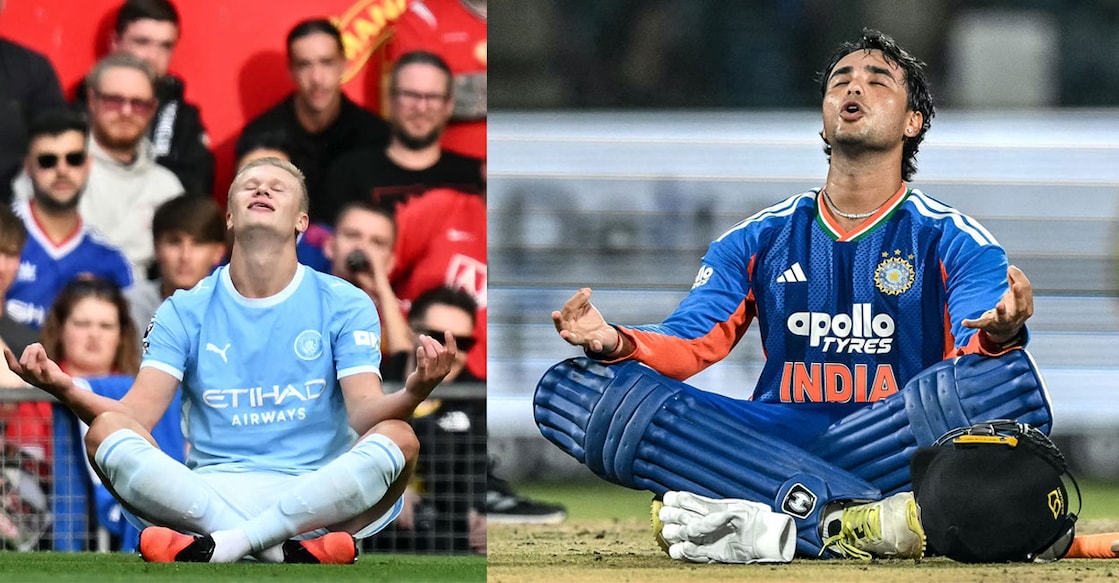 ഗോൾനേട്ടം ആഘോഷിക്കുന്ന എർലിങ് ഹാളണ്ട് (Photo by Paul ELLIS / AFP), സെഞ്ചറി നേട്ടത്തിനു പിന്നാലെ അഭിഷേക് ശർമയുടെ ആഘോഷപ്രകടനം . (Photo by Arun SANKAR / AFP)