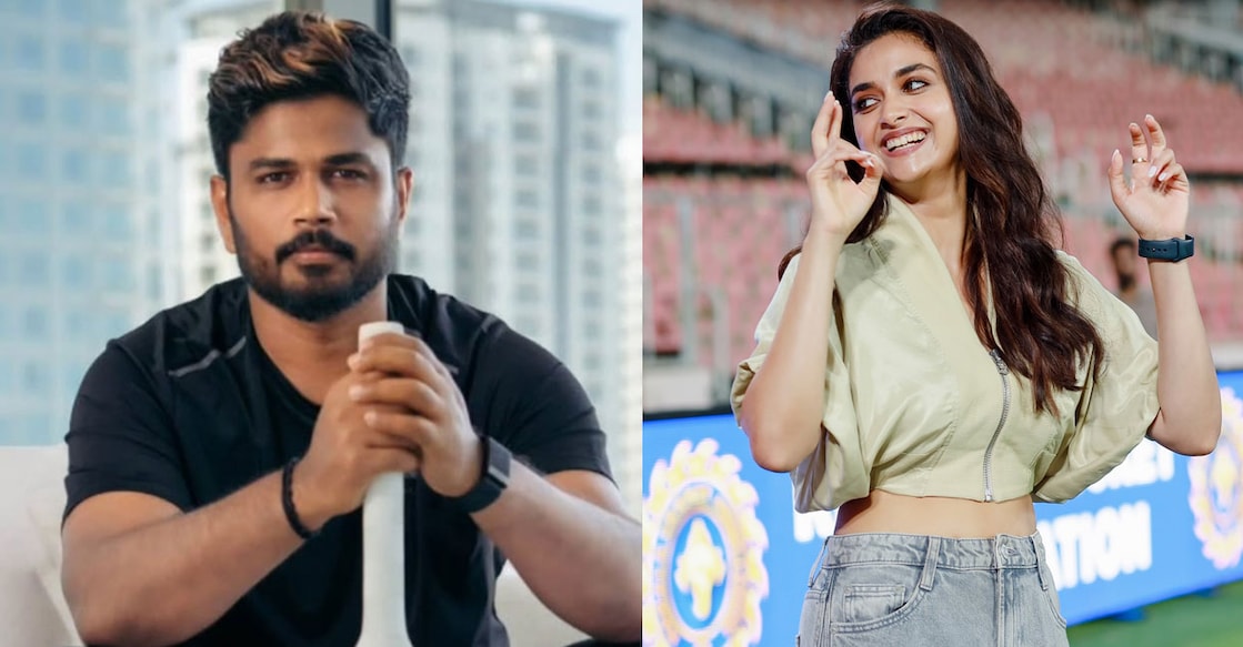 സഞ്ജു സാംസൺ (ഇടത്– X/@imArshit), കീർത്തി സുരേഷ് (വലത്– Facebook/ActressKeerthySuresh)