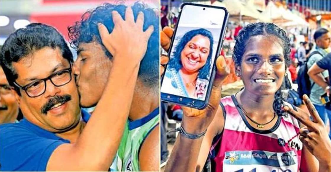 ജൂനിയർ ആൺ 100 മീറ്ററിൽ റെക്കോർഡ് നേടിയ ടി.എം.അതുൽ മുൻ റെക്കോർഡ് ജേതാവ് പി.രാംകുമാറുമായി സന്തോഷം പങ്കുവയ്ക്കുന്നു. (ഇടത്, സംസ്ഥാന സ്കൂൾ അത്‌ലറ്റിക്‌സിലെ  പഴക്കമേറിയ റെക്കോർഡ് തകർത്ത ദേവപ്രിയ ഷൈബു മുൻ റെക്കോർഡ് ജേതാവ് ബിന്ദു മാത്യുവുമായി വിഡിയോ കോളിൽ സന്തോഷം പങ്കിടുന്നു. (വലത്)