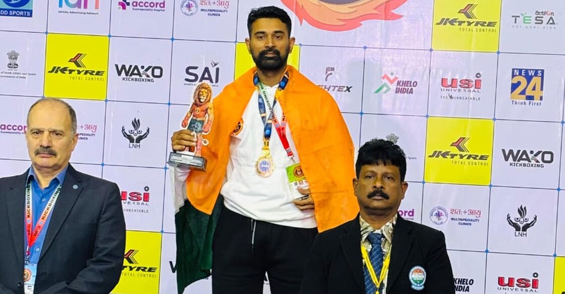വാക്കോ ഇന്ത്യ ഓപ്പൺ രാജ്യാന്തര കിക്ക്ബോക്സിങ് കപ്പ് 2026ൽ സ്വർണമെഡൽ നേടിയ  എം.സുഭേഷ് (Photo Arranged)
