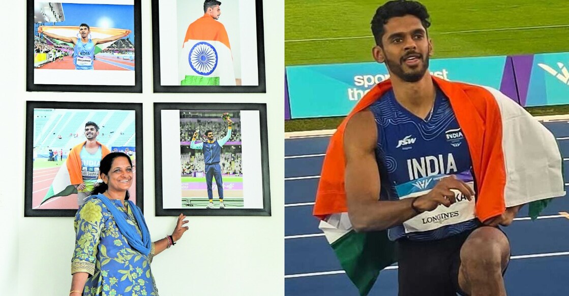 ശ്രീശങ്കറിന്റെ മത്സര ചിത്രങ്ങൾക്ക് അരികെ ബിജിമോൾ, കോമൺവെൽത്ത് ഗെയിംസിൽ വെള്ളി മെഡൽ നേട്ടത്തിനു ശേഷം എം. ശ്രീശങ്കർ