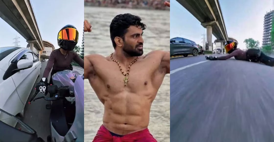 സിയയെ കാറിടിപ്പിച്ച് വീഴ്ത്തുന്നു (ഇടത്, വലത്),  കല്യാൺ ബൈൻസ്‌ല (മധ്യത്തിൽ) X/@traderadi2128