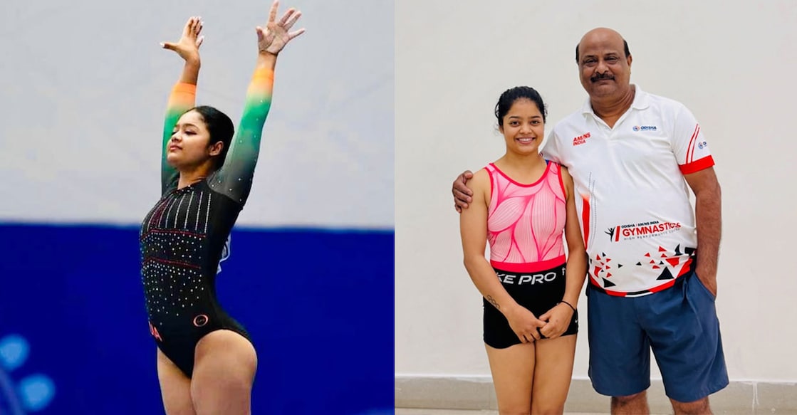 പ്രണതി നായിക് (ഇടത്), പ്രണതി നായിക്കും കോച്ച് അശോക് മിശ്രയും (വലത്) Facebook/pranati.nayak.1829)