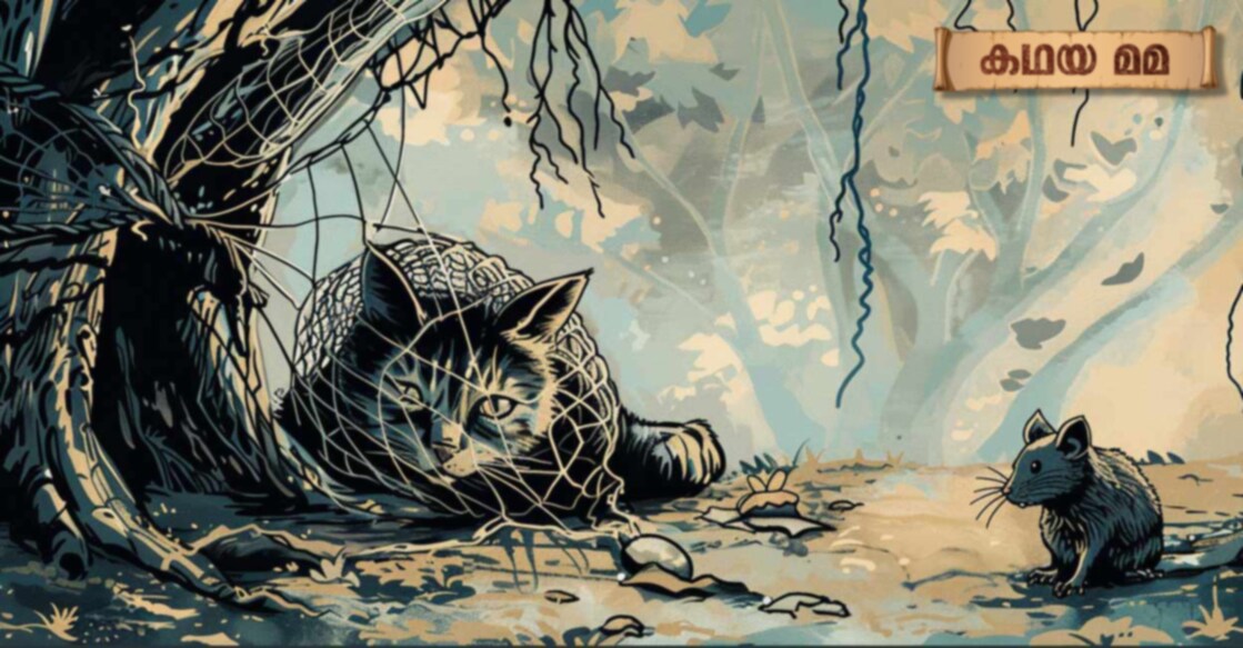 Ancient Indian Lore: How a Clever Rat Saved an Entangled Cat Image Credit: This image was generated using Midjourney
