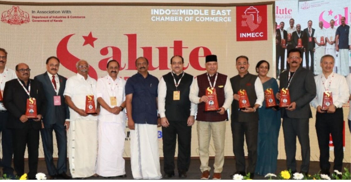 സല്യൂട്ട് കേരള 2024 ആദരം ഏറ്റുവാങ്ങിയവര്‍ ധനമന്ത്രി കെ എന്‍ ബാലഗോപാല്‍, പ്രിന്‍സിപ്പല്‍ സെക്രട്ടറി, വ്യവസായം, മുഹമ്മദ് ഹനീഷ് എന്നിവരോടൊപ്പം. ഡോ. പി.മുഹമ്മദ് അലി  ,ഗള്‍ഫാര്‍,  ഡോ. വിജു ജേക്കബ്, സിന്തൈറ്റ് ഇന്‍ഡസ്ട്രീസ് പ്രെെവറ്റ് ലിമിറ്റഡ്, ഗോകുലം ഗോപാലന്‍,  ഗോകുലം ഗ്രൂപ്പ്, വി കെ മാത്യൂസ്, ഐബിഎസ് സോഫ്റ്റ്വെയര്‍,  ഡോ. കെ വി ടോളിന്‍ ടോളിന്‍സ് ടയേഴ്സ് ലിമിറ്റഡ്,  കെ.മുരളീധരന്‍, മുരള്യ, എസ് എഫ് സി ഗ്രൂപ്പ്, വി കെ റസാഖ്, വികെസി ഗ്രൂപ്പ്, ഷീല കൊച്ചൗസേപ്പ്, വി സ്റ്റാര്‍ ക്രിയേഷന്‍സ് പ്രെെവറ്റ് ലിമിറ്റഡ്, പി കെ മായന്‍ മുഹമ്മദ്, വെസ്റ്റേണ്‍ പ്ലൈവുഡ്സ് ലിമിറ്റഡ്, ഡോ. എ വി അനൂപ്, എ വി എ മെഡിമിക്സ് ഗ്രൂപ്പ്.