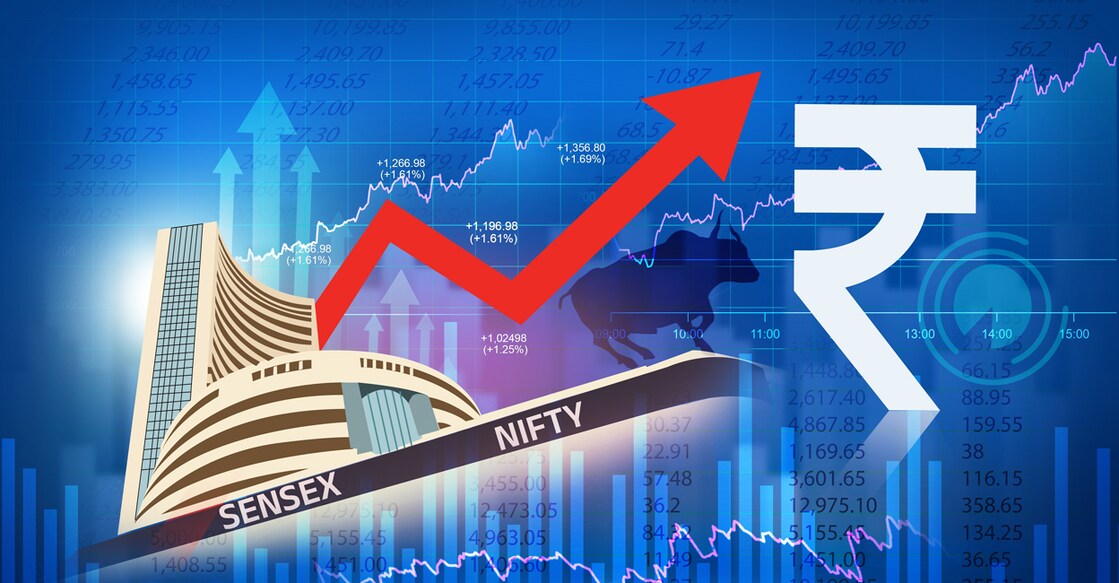 Indian stock market growth concept.rupee icon,  up arrow, graph, chart  illustration, blue in color