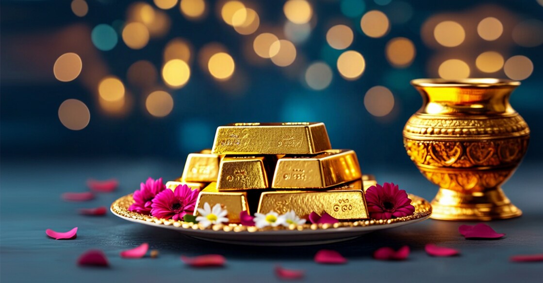 2617428167 at least 3 to 5 gold bricks side view, arranged on a plate with flowers with Kalash on the side, no text on the gold bars, stacked neatly, background gradient of dark blues, more festive sparkles and bookeh at the back, real image