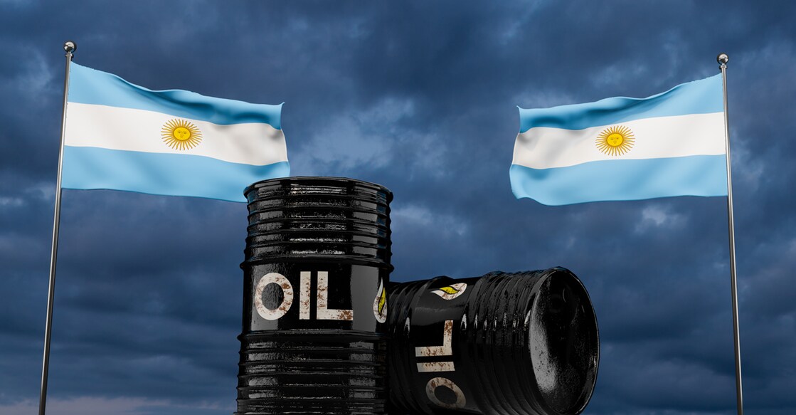 Argentina oil barrel, oil barrel background, Argentina flag on barrel, Oil for Argentina on blue sky background, 3D work and 3D illustration