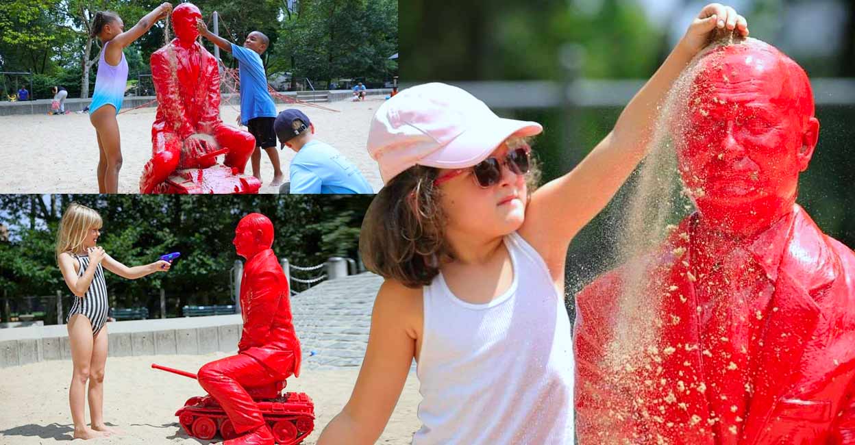 യുദ്ധടാങ്കിൽ ഇരിക്കുന്ന ചുവന്ന പുട്ടിൻ; തോക്കുചൂണ്ടി കുട്ടിക