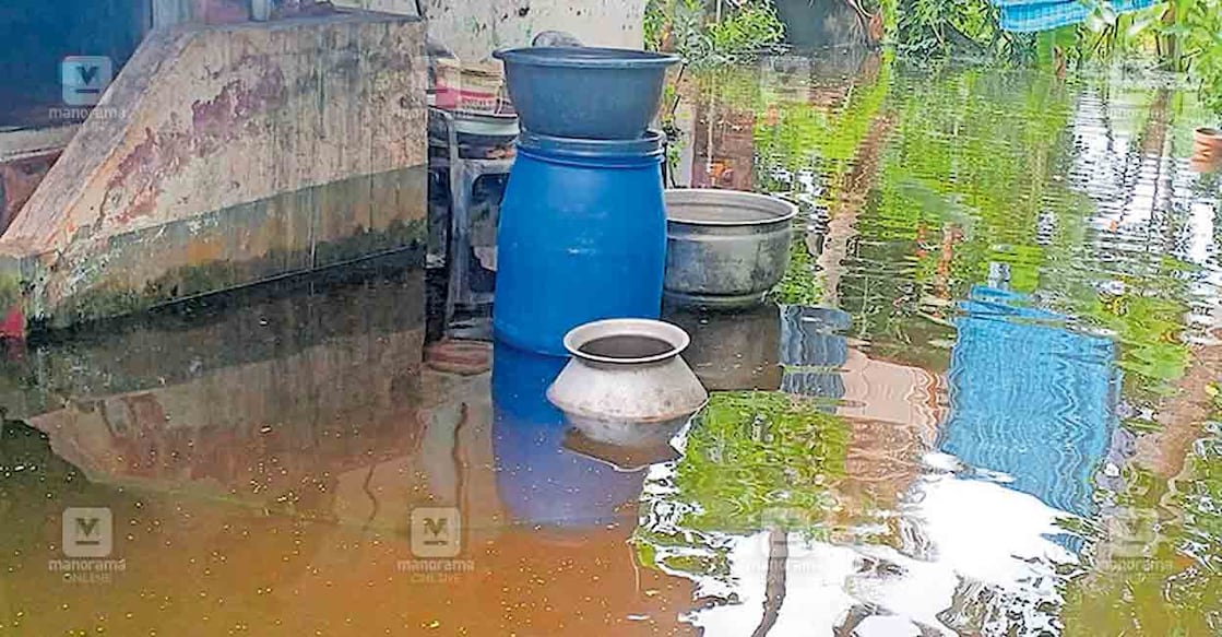 വെള്ളക്കെട്ടിലായ കൈനകരി വാവക്കാട് വടക്ക് പാടശേഖരത്തിലെ വീടുകളിലൊന്ന്.  