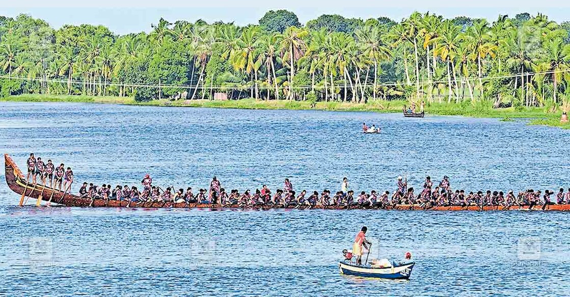 ആലപ്പുഴ കരുവാറ്റയിൽ നിരണം ചുണ്ടനിൽ പരിശീലനം നടത്തുന്ന നിരണം ബോട്ട് ക്ലബ്. ചിത്രം: മനോരമ  
