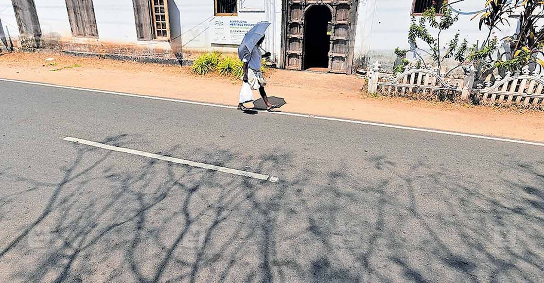പകൽച്ചൂട് ദിനംപ്രതി കൂടി വരികയാണ്. വെയിലേറ്റ് ഇലകൾ കൊഴിഞ്ഞ മരച്ചില്ലകൾ തീർത്ത നിഴൽച്ചിത്രത്തിനു സമീപത്തുകൂടി ചൂടിൽ നിന്ന് രക്ഷനേടാൻ കുടചൂടി കടന്നുപോകുന്നയാൾ. ആലപ്പുഴ 
നഗരത്തിൽ നിന്നുള്ള കാഴ്ച. ചിത്രം: മനോരമ    