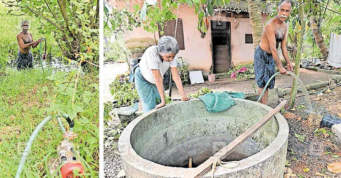 1.മോട്ടറടിച്ച് പാടത്ത് നിന്ന് വെള്ളം പമ്പ് ചെയ്യാനൊരുങ്ങുന്ന തെക്കീര കിഴക്കേകോണിൽ ജോസഫ് വർഗീസ്.  2. പമ്പ് ചെയ്യുന്ന വെള്ളം ജോസഫ് കിണറിനു ചുറ്റുമൊഴിക്കുന്നു. ചിത്രം: മനോരമ