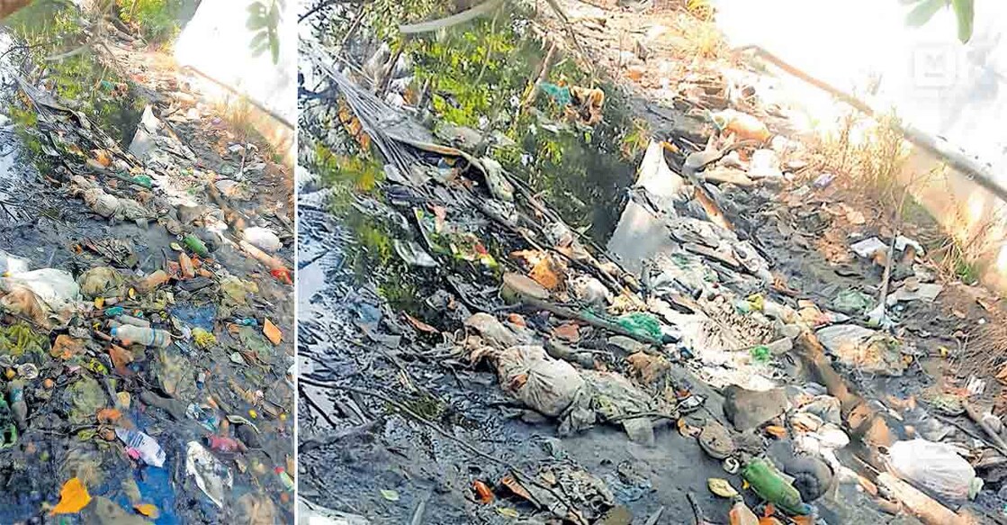 മുണ്ടകത്തിൽ തോട്ടിൽ കണ്ണമ്പള്ളി ഭാഗത്ത് കുന്നുകൂടിയ മാലിന്യം.  
