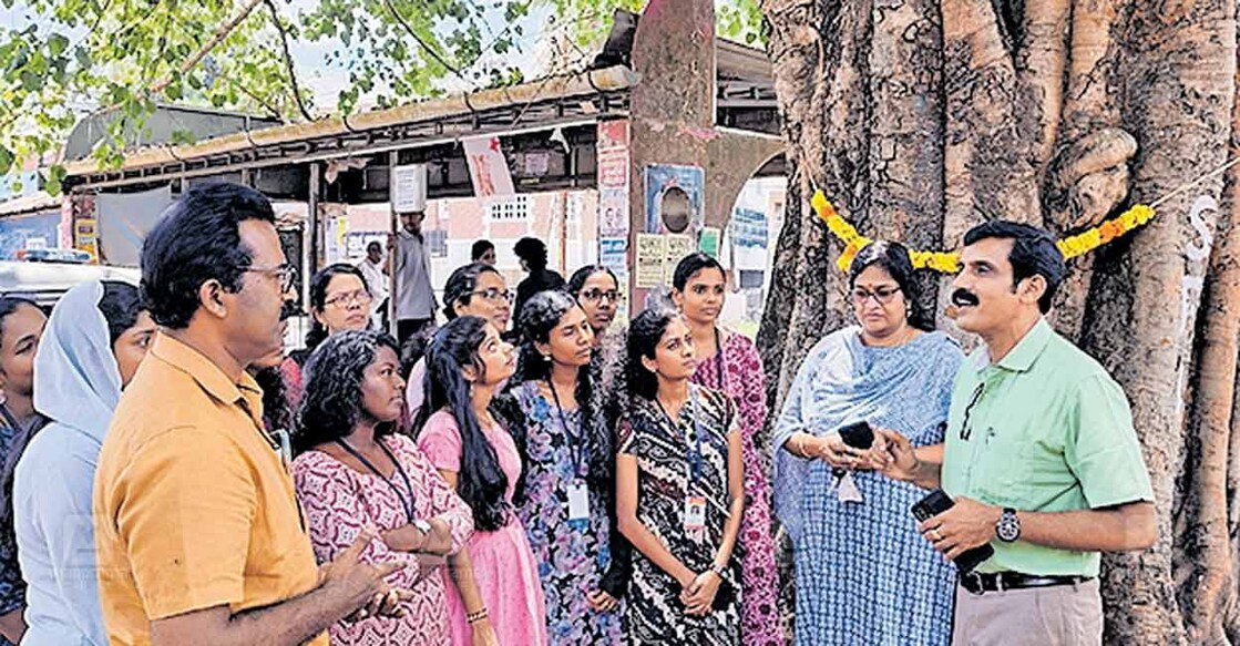 രാജ്യാന്തര വനദിനാചരണ ഭാഗമായി ക്രിസ്ത്യൻ കോളജ് വിദ്യാർഥികൾ കോളജ് ജംക്‌ഷനിലെ ആൽമരത്തെ ആദരിച്ചപ്പോൾ.  