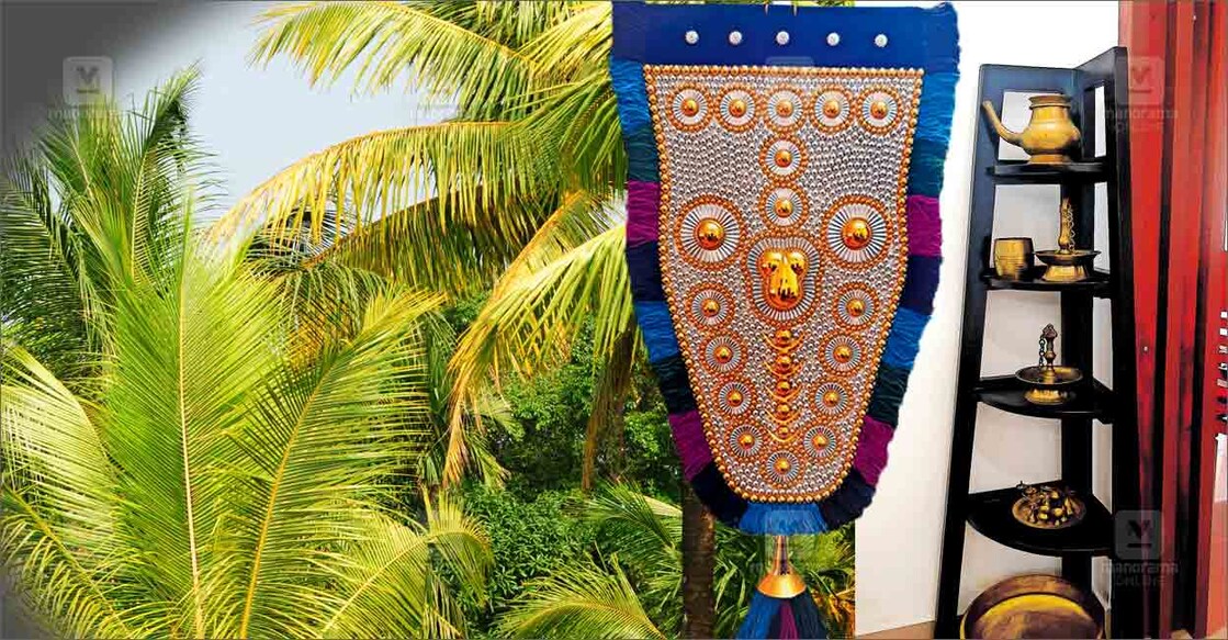 traditional-kerala-home (1) ദേവിക കൃഷ്ണദാസ് നിർമിച്ച നെറ്റിപ്പട്ടങ്ങളിലൊന്ന് (2) ആവഡിയിൽ സുധീർഥൻ കണ്ടോത്തിന്റെ വീട്ടിലെ സ്വീകരണമുറിയിൽ പ്രദർശിപ്പിച്ചിട്ടുള്ള പരമ്പരാഗത വസ്തുക്കൾ.