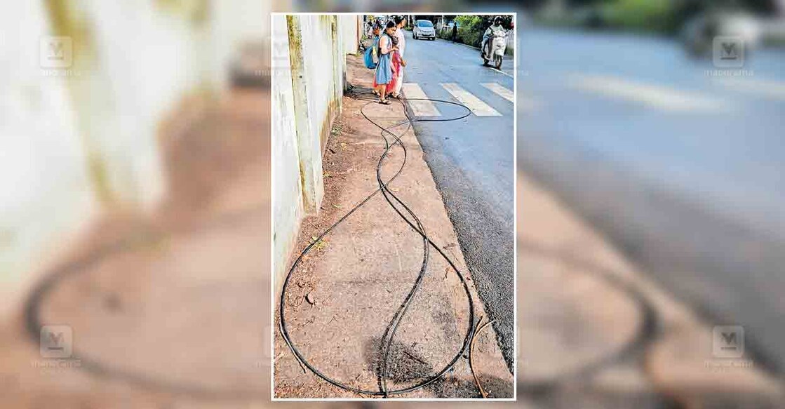 സംസ്ഥാനപാതയോരത്ത് വീണു കിടക്കുന്ന കേബിൾ. ദിവസങ്ങൾക്കു ശേഷമാണ് ഇവ നീക്കം ചെയ്തത്. എടവനക്കാട്  നിന്നുള്ള ദൃശ്യം.