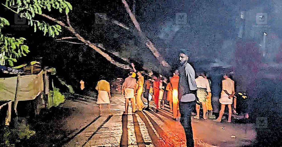 ernakulam-tree-fall-on-road ആനച്ചാൽ– വഴിക്കുളങ്ങര ബൈപാസ് റോഡിൽ അത്താണി കവലയിൽ മരം കടപുഴകി വീണത് അഗ്നിരക്ഷാസേന ഉദ്യോഗസ്ഥരെത്തി മുറിച്ചു നീക്കുന്നു