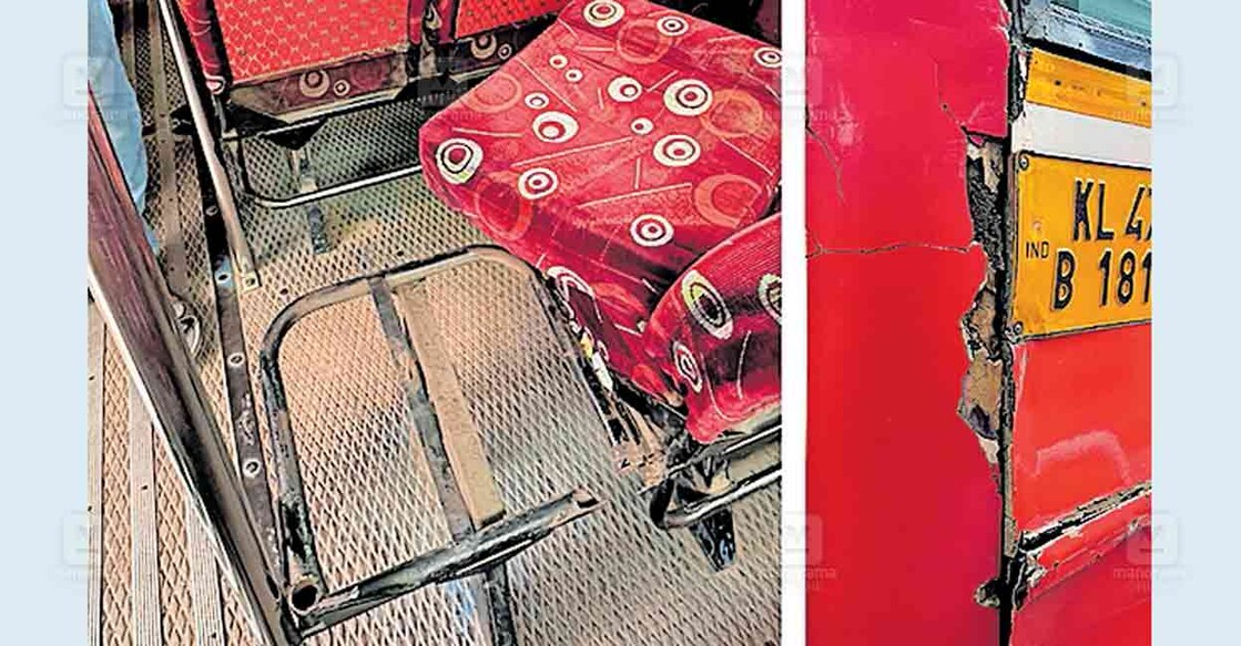 bus--fitness മോട്ടർ വാഹന എൻഫോഴ്സ്മെന്റ് സ്ക്വാഡ് പിടികൂടിയ സ്വകാര്യ ബസിന്റെ ഉൾഭാഗത്തെ സീറ്റ് ഇളകി ഇരുമ്പു കമ്പി നീണ്ടു നിൽക്കുന്ന നിലയിൽ (ഇടത്). ബസിന്റെ ബോഡി ദ്രവിച്ചു അകന്നു മാറിയ നിലയിൽ (വലത്).