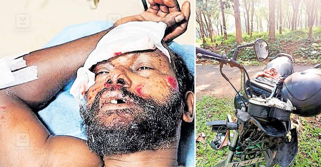 ns4-1-2-angamaly-wild-boar-accident 1) കെ.എ.കുഞ്ഞുമോൻ. 2) കാട്ടുപന്നിക്കൂട്ടത്തിന്റെ ആക്രമണത്തിൽ തകർന്ന ബൈക്ക്.