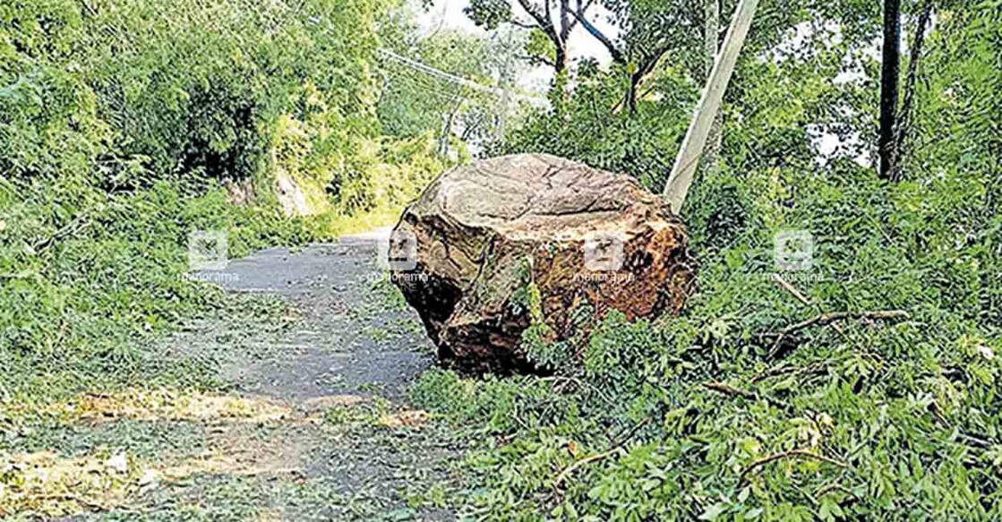 ചക്കിക്കാവിൽ മണ്ണിടിച്ചിലിനെത്തുടർന്ന് മുകൾഭാഗത്തുനിന്ന് ഉരുണ്ടുവന്ന വലിയ പാറ റോഡരികിലെ പോസ്റ്റിൽ ഇടിച്ചു നിന്നപ്പോൾ. 