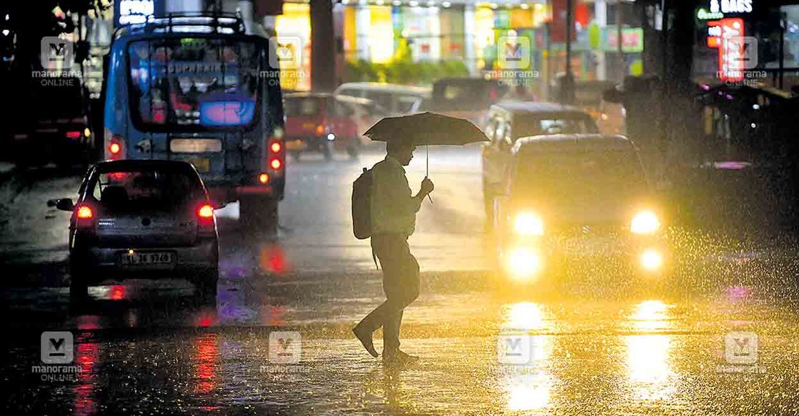 തൊടുപുഴ നഗരത്തിൽ ഇന്നലെ രാത്രി പെയ്ത കനത്ത മഴ. ചിത്രം/മനോരമ  
