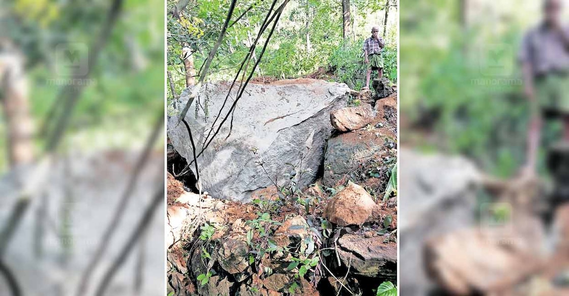 idukki-rock- ഉരുണ്ടുവീണ പാറയുടെ ഒരുഭാഗം അടക്കാപ്പാറ മൈക്കിളിന്റെ കൃഷിയിടത്തിൽ പതിച്ചപ്പോൾ.