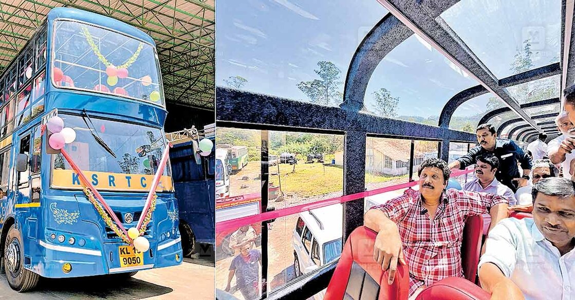 1. മൂന്നാറിൽ ഇന്നലെ മന്ത്രി ഗണേഷ്കുമാർ ഉദ്ഘാടനം ചെയ്ത റോയൽവ്യൂ ഡബിൾ ഡെക്കർ ബസ്. 
2. ബസിന്റെ മുകൾത്തട്ടിലിരുന്ന് എംഎൽഎ എ.രാജയോടൊപ്പം യാത്ര ചെയ്യുന്ന മന്ത്രി ഗണേഷ്കുമാർ. 
ചിത്രം: റെജു അർനോൾഡ് ∙ മനോരമ  