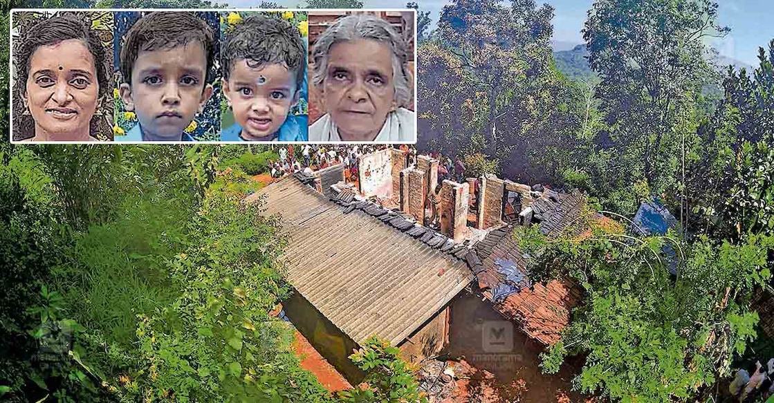 idk-adimaly-house-fire-accident ഇടുക്കി പണിക്കൻകുടി കൊമ്പൊടിഞ്ഞാലിൽ തീപിടിത്തമുണ്ടായ വീട്. (ഇൻസെറ്റിൽ ശുഭ, അഭിനന്ദ്, അഭിനവ്, പൊന്നമ്മ.)
