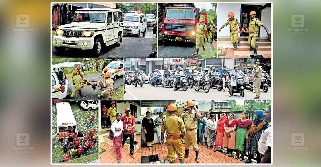idukki-mockdrill-1 കേന്ദ്ര ആഭ്യന്തര മന്ത്രാലയത്തിന്റെ നിർദേശപ്രകാരം തൊടുപുഴ ഇന്നലെ നടന്ന സിവിൽ ഡിഫൻസ് മോക്ഡ്രില്ലിന്റെ വിവിധ ദൃശ്യങ്ങളാണിത്. ഇടുക്കി ജില്ലയിൽ 5 ഇടങ്ങളിലാണ് മോക്ഡ്രിൽ നടന്നത്. കെട്ടിടനാശത്തെ തുടർന്നുള്ള രക്ഷാപ്രവർത്തന മോക്ഡ്രില്ലാണ് തൊടുപുഴയിൽ നടന്നത്.
1. അപായ സൈറൺ മുഴങ്ങിയ ഉടനെ ഫയർ ഫോഴ്സും ആംബുലൻസുകളും സംഭവ സ്ഥലത്തേക്ക് വരുന്നു. 2. ഫയർഫോഴ്സ് ഉദ്യോഗസ്ഥൻ വാഹനത്തിൽ നിന്ന് ഇറങ്ങി
ഓടി കെട്ടിടത്തിലേക്ക് പോകുന്നു. 3. പരുക്കേറ്റയാളെ കെട്ടിടത്തിനു പുറത്തേക്ക് സ്ട്രച്ചറിൽ കൊണ്ടുവരുന്നു. 4. പരുക്കേറ്റയാളെ ആംബുലൻസിലേക്ക് കയറ്റുന്നു.
5. ആംബുലൻസിന് കടന്ന് പോകാനായി കേരള പൊലീസ് റോഡ് ബ്ലോക്ക് ചെയ്തപ്പോൾ. 6. പരുക്കേറ്റവരെ ചികിത്സയ്ക്കായി തൊടുപുഴ എപിജെ അബ്ദുൽ കലാം സ്കൂളിൽ
താൽക്കാലികമായി ഒരുക്കിയ ക്യാംപിൽ എത്തിച്ചപ്പോൾ. 7. കെട്ടിടത്തിൽ കുടുങ്ങിക്കിടന്നവരെ ഉദ്യോഗസ്ഥർ പുറത്തേക്ക് എത്തിക്കുന്നു. 8. ഒടുവിൽ കെട്ടിടത്തിൽ കുടുങ്ങിയ
എല്ലാവരെയും ഫയർഫോഴ്സ് ഉദ്യോഗസ്ഥർ രക്ഷിച്ച് പുറത്തേക്ക് എത്തിച്ചപ്പോൾ. ചിത്രങ്ങൾ: റെജു അർനോൾഡ്∙ മനോരമ