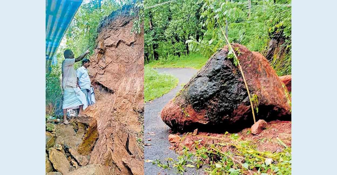 kannur-panchayat-president-KS-Chandrasekaran-visits-the-house-of-Thathakunel-Joseph-at-the-base-of-the-rockfall-in-Udayagiri-Panchayat .ഉദയഗിരി പഞ്ചായത്തിൽ പാറ വീണ് തകർന്ന തടത്തേപ്പടിയിൽ താതകുന്നേൽ ജോസഫിന്റെ വീട് പഞ്ചായത്ത് പ്രസിഡന്റ് കെ.എസ്.ചന്ദ്രശേഖരന്റെ നേതൃത്വത്തിലുള്ള സംഘം സന്ദർശിക്കുന്നു 2.പാറോത്തുംമല-കാപ്പിമല റോഡിലേക്ക് കൂറ്റൻ പാറ വീണ നിലയിൽ