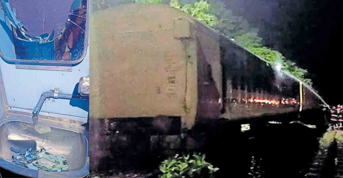 കണ്ണൂർ റെയിൽവേ സ്റ്റേഷനിൽ എക്സിക്യൂട്ടീവ് എക്സ്പ്രസിന്റെ കത്തിനശിച്ച കോച്ചിലെ ശുചിമുറിയിലെ കണ്ണട തകർത്ത നിലയിൽ.