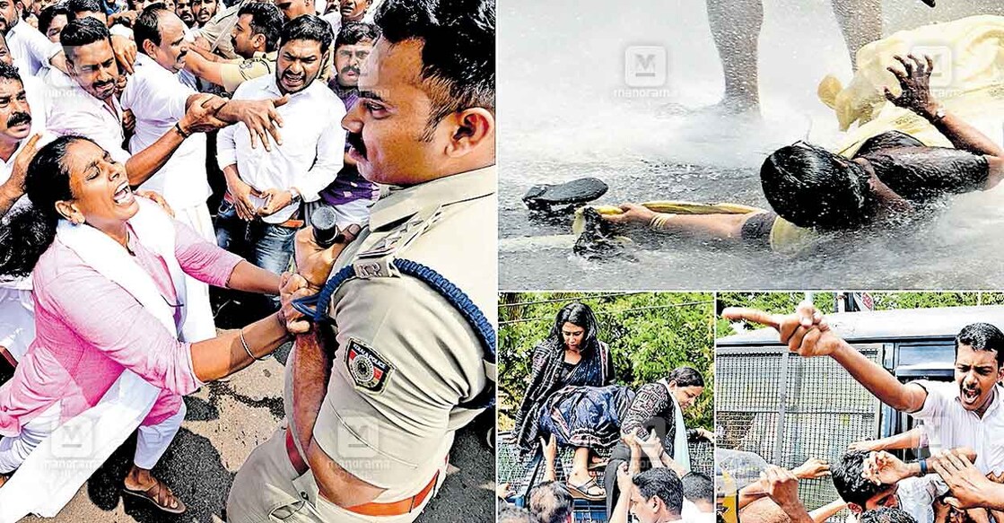 kannur-protest പ്രതിഷേധമൊഴിയാതെ...: എഡിഎം കെ.നവീൻ ബാബുവിന്റെ മരണത്തിൽ ജില്ലാ കലക്ടർ അരുൺ കെ.വിജയന്റെ പങ്ക് അന്വേഷിക്കണമെന്ന് ആവശ്യപ്പെട്ട് ജില്ലാ കോൺഗ്രസ് കമ്മിറ്റി കണ്ണൂർ കലക്ടറേറ്റിലേക്കു നടത്തിയ മാർച്ചിനിടെയുണ്ടായ സംഘർഷത്തിൽ നിന്ന്. 1. സംഘർഷത്തിനിടെ ജില്ലാ പഞ്ചായത്തംഗം ജൂബിലി ചാക്കോ പൊലീസ് ഉദ്യോഗസ്ഥനുമായി തർക്കത്തിൽ. 2. പ്രവർത്തകർക്കു നേരെ പൊലീസ് ജലപീരങ്കി പ്രയോഗിച്ചപ്പോൾ ധർമടം ബ്ലോക്ക് കോൺഗ്രസ് സെക്രട്ടറി ഗീത രാഘവൻ റോഡിലേക്കു തെറിച്ചുവീഴുന്നു. 3. എഐസിസി വക്താവ് ഷമ മുഹമ്മദ് ബാരിക്കേഡിനു മുകളിൽ കയറിയപ്പോൾ. 4. കെഎസ്യു സംസ്ഥാന വൈസ് പ്രസിഡന്റ് പി.മുഹമ്മദ് ഷമ്മാസിനെ ബലം പ്രയോഗിച്ച് പൊലീസ് വാഹനത്തിൽ കയറ്റിയപ്പോൾ. ചിത്രങ്ങൾ: മനോരമ