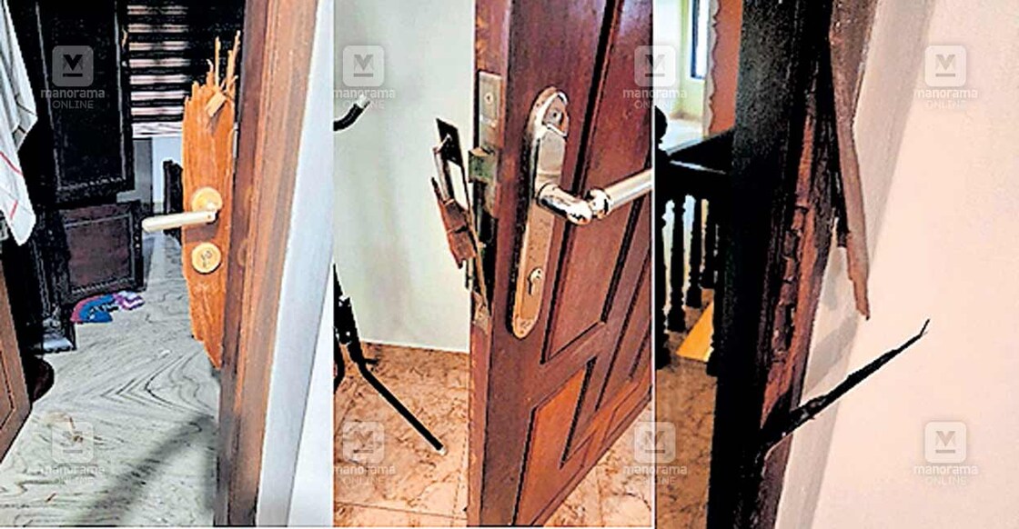 kannur-theft-case പിലാത്തറയിൽ കവർച്ചശ്രമം നടന്ന വീട്ടിലെ വാതിലുകൾ മോഷ്ടാക്കൾ തകർത്ത നിലയിൽ