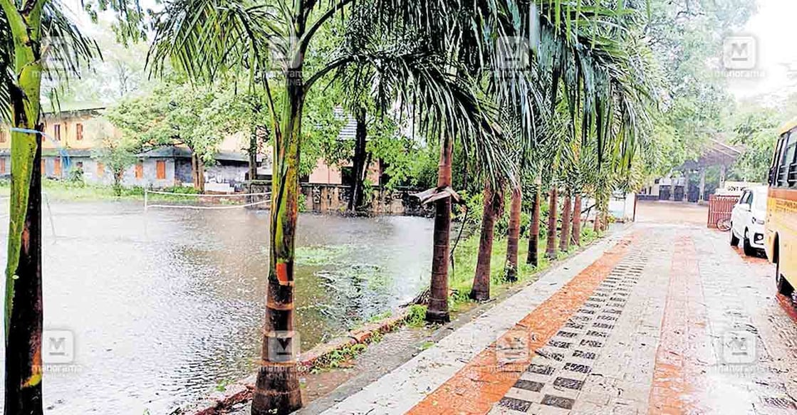 തൃക്കരിപ്പൂർ വി.പി.പി.മുഹമ്മദ് കുഞ്ഞി പട്ടേലർ സ്മാരക ഗവ.വൊക്കേഷനൽ ഹയർസെക്കൻഡറി സ്കൂൾ വളപ്പിലെ വെള്ളക്കെട്ട്. കഴിഞ്ഞദിവസം സ്കൂൾ പ്രവർത്തനം ഭാഗികമായിരുന്നു.  