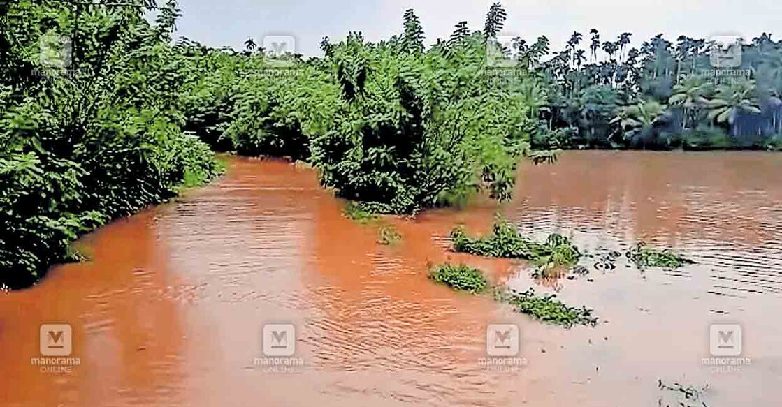 ശക്തമായ മഴയിൽ വെള്ളം കയറിയ പുത്തിഗെ മുഗുവിലെ പാലം. അനുബന്ധ റോഡിലും വയലിലും വെള്ളം കയറി.  